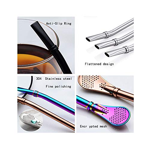 Image of Yerba Mate Bombilla Stainless Steel Straw Loose Leaf Tea Infuser Dringking Spoons Filter Stirring Straws Pack of 5 with 2 Cleaning Brush
