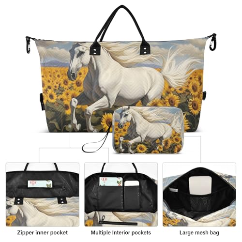 Horse Field Sunflowers Duffle Bag for Travel, Gym Bag with Multiple Interior Pockets for Men Women Overnight Purse Included 20.5 x 1.9 x 13.8 In2