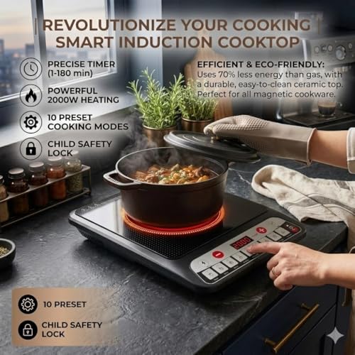Image of Drumstone (15 Years Warranty) 2000W Portable Infrared Induction Cooktop with Digital Touch Controls, Ceramic Glass Electric Hot Plate, 8 Preset Cooking Modes, Timer, Compatible with All Cookware