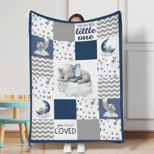Image of HawSkgFub Baby Toddler Boy Sleeping Elephant Blanket Blue, Nursery Dream Big Little One You are So Loved Star Flannel Fleece Bed Swaddling Blankets, Soft Newborn Baby Shower Kids Crib Bedding 40 x 50