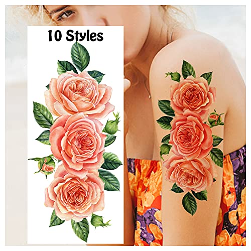 Acevegue 10 Feuilles Faux Tatouage, 3D Tatouage Ephemere Femme Rose Fleurs, Tatouage Adhésif Adulte Couleur Cadeau Anniversaire Fête Décoration