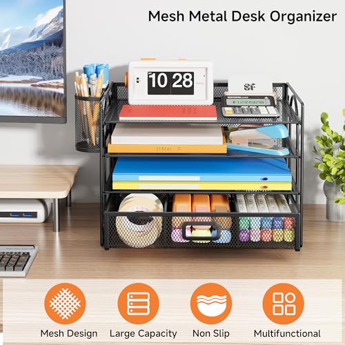 VITVITI Desk Organiser Tray, 4 Tier Letter Paper Tray Organiser with 2 Pen Holders - Image 4