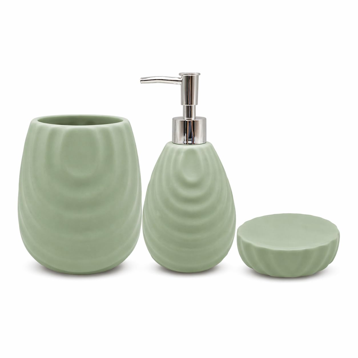 Set Accessori Bagno 3 Pezzi in Ceramica Lucida Modello Incas, Dispenser Sapone Liquido, Porta Spazzolini e Porta Saponetta (verde)