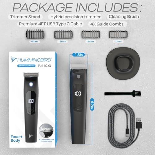 Image of HUMMINGBIRD MK4 Hybrid Beard and Body Trimmer for Men - Body Groomer & Pubic Hair Trimmer, Waterproof All in One Electric Shaver, USB-C Rechargeable, LED Display & Storage Base