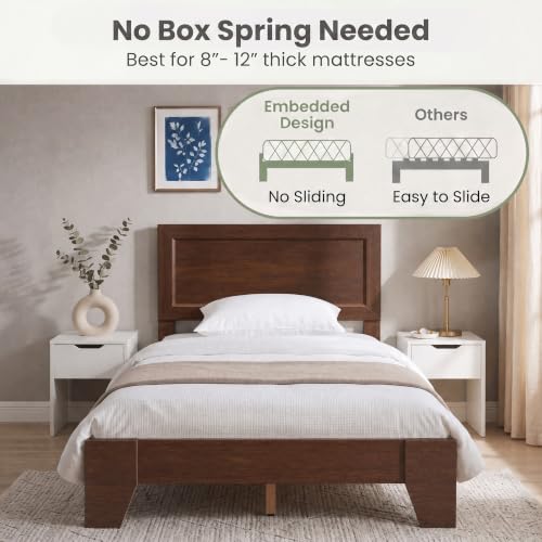 Image of GIANTEX Twin Size Wooden Bed Frame with Headboard, Wood Slat Support