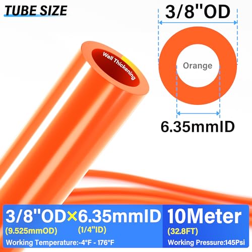 Image of TAILONZ PNEUMATIC Orange 3 /8 Inch OD 10 Meter 32.8ft PU Polyurethane Air Tubing Kit Pipe Hose Air Line Tubing Air Hose Fittings Push to Connect Fittings(27PCS)