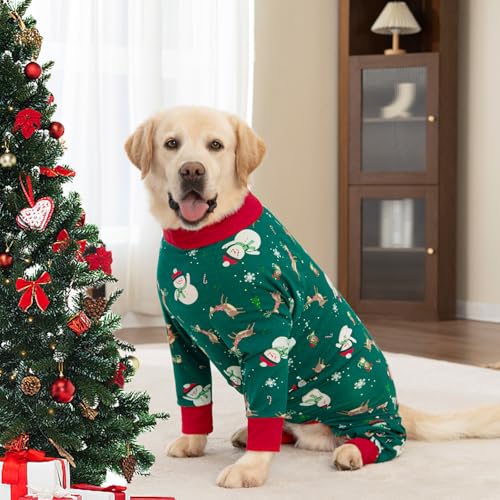 Image of kzrfojy Dog Christmas Pajamas Dog Recovery Suit for Dogs After Surgery Female Male Medium Large Neuter Spay Onesie Prevent Licking Surgical Wound Cone Alternative (Green, 2X-Large (Pack of 1))