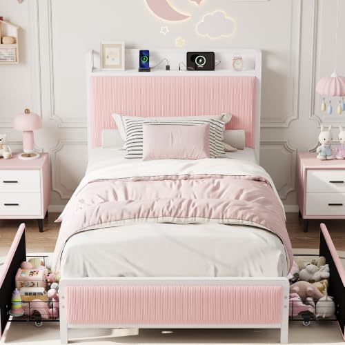 Image of GAOMON Twin Size Bed Frame with 2 Drawers and Charging Station, Pink