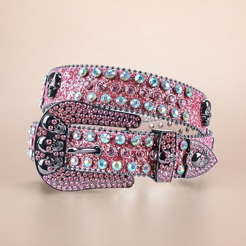 Rhinestone Skull Belt, Western Bling Studded PU Leather Belt Crystal Buckle Punk Cowboy Style Jeans Waist Belt3