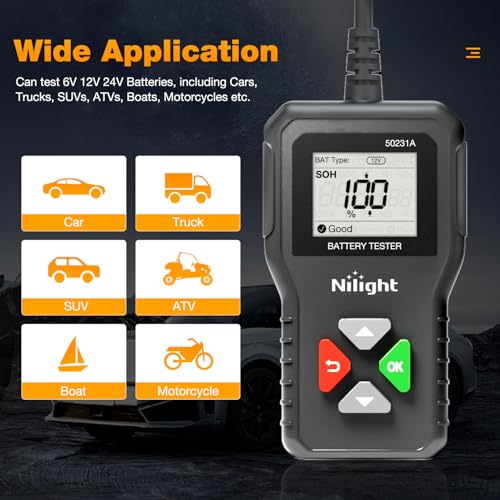 Image of Nilight Car Battery Tester 6V 12V 24V Accurate Digital Auto Analyzer 100-2000 CCA Voltage SOH SOC Internal Resistance Test for Cars Trucks SUV ATV Boats Motorcycles Vehicle