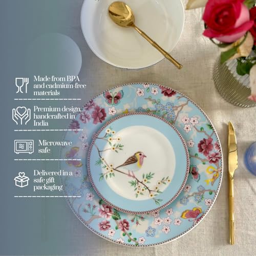Image of GOLDEN QUEEN'S Handcrafted 12 Pieces Dinner Set | 4 Dinner Plates, 4 Small Bowls & 4 Side Plates | Perfect for Hosting Guests and Daily Meals - Birdie in Pink Dinnerware - Blue Birdie Dinnerware