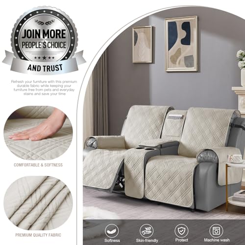 Image of TAOCOCO Waterproof Loveseat Recliner Cover with Console, Non-Slip Reclining Loveseat with Console Cover with Pocket, Split Recliner Sofa Covers Furniture Protector for Pets Dogs(2 Seater, Cream)