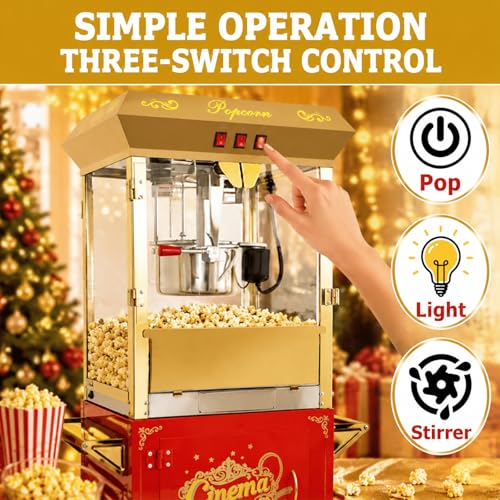 Image of Commercial Popcorn Machine with Cart - 16 OZ Kettle Popcorn Makers with Heating, 3-Switch Control & Tempered Glass Doors, for Office, Schools, Home, Carnival, Movie Theath, Parties, Christmas, Red