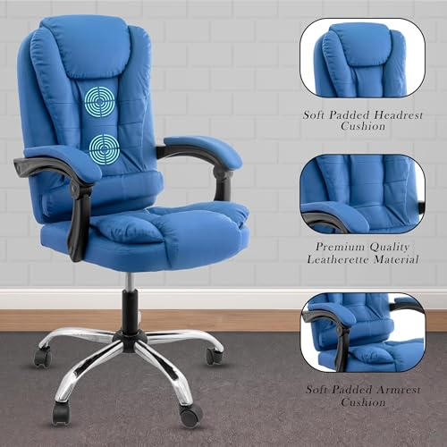 Image of Casa Copenhagen Italia Premium Leatherette Office Chair for Work | Boss Chair, Ergonomic Executive, Luxurious Cushioned Arms & Seat, 2 Point Back Massager, Heavy Duty Metal Base (Royal Blue)
