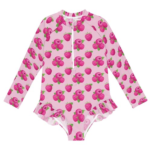 Pink Raspberries Fruit Girls Long Sleeve Rashguard Swimsuit UV Protection One-Piece Swimwear Bathing Suit B0405127