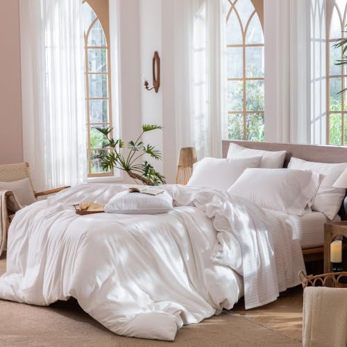 Image of MooMee Striped Sheet Set 100% Washed Cotton Linen Like Queen | Relaxed Linen-like Texture. Soft, Breathable & Lightweight Comfort. 15-19 inch Extra Deep Pocket with All-around Elastic