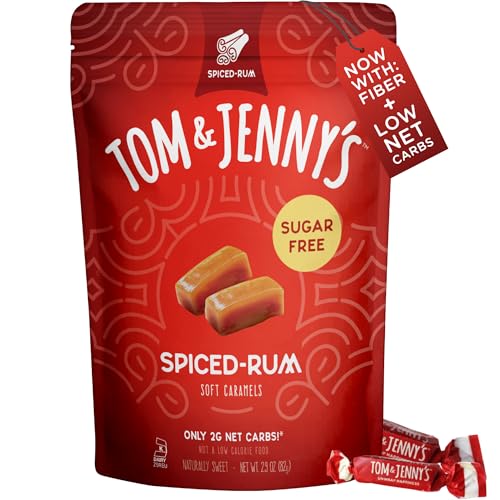 Tom & Jenny's Sugar Free Candy Soft Caramels Individually Wrapped - Sea Salt & Vanilla - Low Net Carb Keto Zero Sugar Candy with Allulose & Maltitol (Spiced Rum Chewy Caramels) 1 Pack