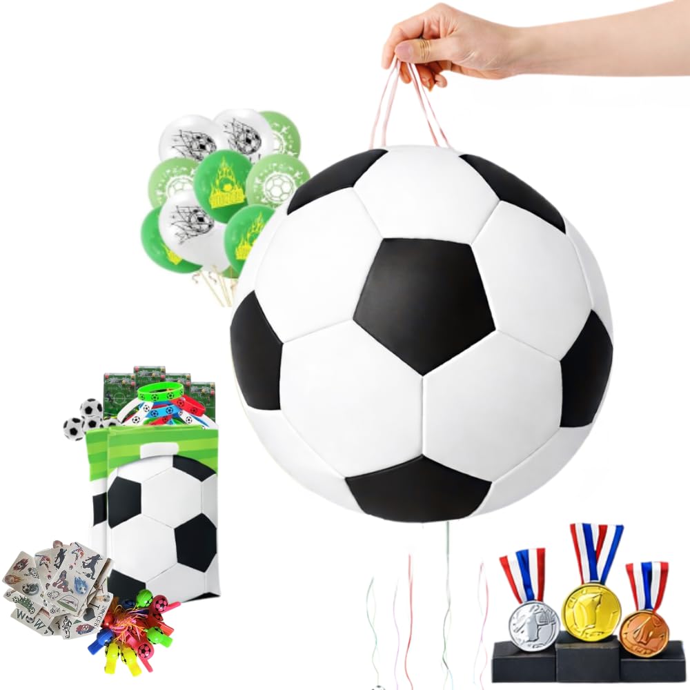 Piñata d'anniversaire pour enfant, Piñata Football + Set de 155 pièces de football, Piñata de ballon avec garnitures, jouets et accessoires pour fêtes, pièces
