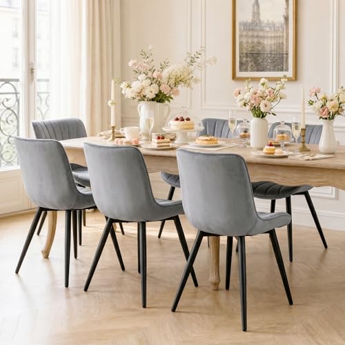 Hellove Lot de 6 Chaises de Salle à Manger Velours Gris, Chaise Scandinave Moderne sans Accoudoir avec Pieds en Métal Gris, Chaise de Cuisine Rembourrée...