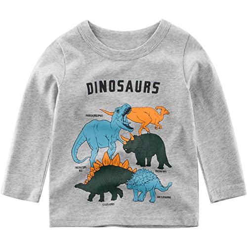Boys Casual Long Sleeve Crew Neck Cotton Dinosaur Printed Tops T-Shirts 3 Packs Set 1-7T4