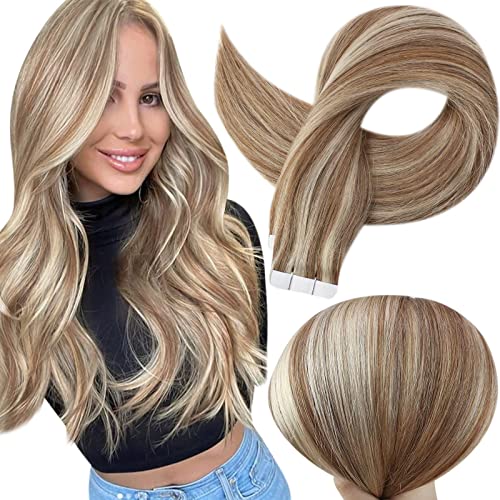 Image of Full Shine Long Lasting Tape in Extensions Human Hair,10P613 Light Linen Blonde And Chestnut Brown,16Inch 50G 20Pcs,Seamless Natural Blend Human Hair Extensions for Fuller Hair,Silky Straight