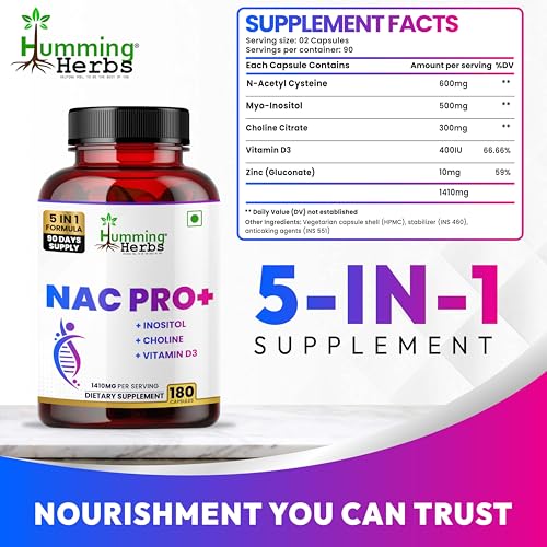 Image of Humming Herbs NAC PRO+ with N-Acetyl Cysteine, Inositol, Choline, Vitamin D3 & Zinc | 1410mg (180)