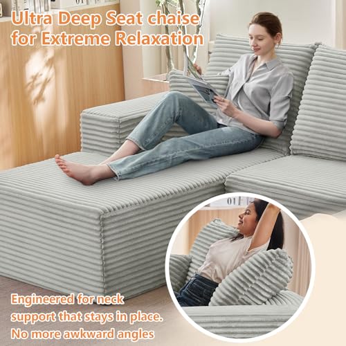 Image of 96 inch Modular Sectional Sofa, Modern Corduroy Cloud Couch with Deep Seat, Boneless Couch Upholstered 3-Seater L-Shaped Sofa for Living Room, No Assembly Required (Light Gray, Left-Facing Chaise)