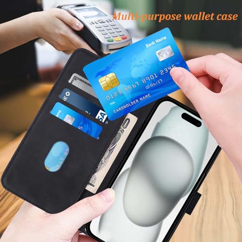 Moment Dextrad for iPhone 15 Wallet Case,Card Holder Slots Wrist Strap TPU Interior Protective for iPhone 15 Cases,Stand PU Leather Folio Flip Cases Cover for iPhone 15 (2023) (Black)