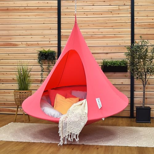 Image of Double Cacoon Hanging Chair for Two - Cozy Indoor /Outdoor Hammock with Polyester Canvas, 440 lb Capacity, Includes 18ft Rope & Carabiner (Coral Rose)