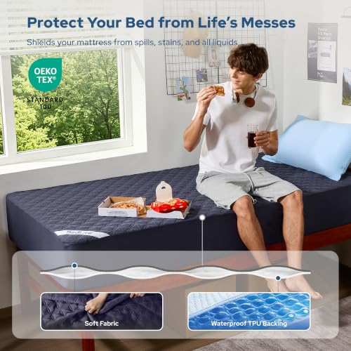 Image of 2 Pack Waterproof Mattress Protector, Twin XL Size Mattress Pad with Deep Pocket 6 inch-15 inch Depth, Soft Breathable Dirt-Proof Single Bed Mattress Cover for Bedroom, Dorm Room (Navy Blue)