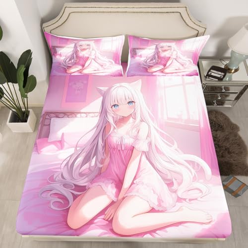 Erosebridal Twin Size Japanese Anime Fitted Sheet for Kids, Anime Girl Bedding Set Kawaii Japanese Style Bed Sheets Cartoon Japan Animation Bed Set for Boys Teen Adult Women Bedroom,Pink