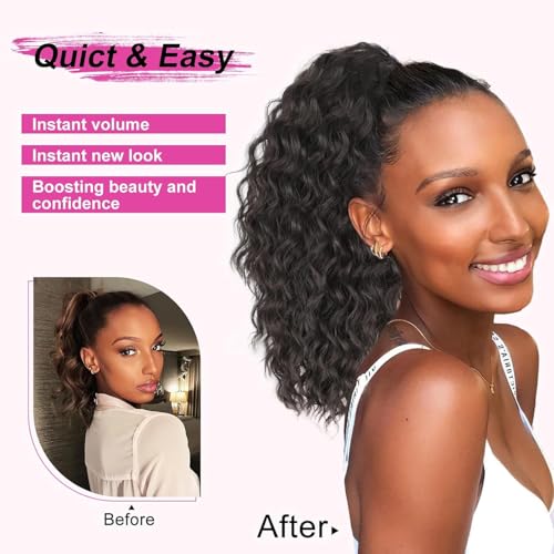 AISI BEAUTY Black Ponytail Extension 14 Inch Curly Drawstring Ponytail for Women Clip in Fake Ponytail Synthetic Curly Pony Tails Hair Extensions(Black) - Image 3