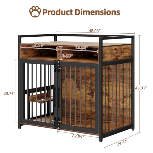 Hundekäfig Möbel, 123 x 76 x 110cm Hundebox Zuhause mit 2 Türen 2 Schubladen 1 Arbeitsplatte, Hundegitter mit Schwenkbaren Hundenäpfe, Hundehütte, Dekorative Haustierkiste für den Innenbereich