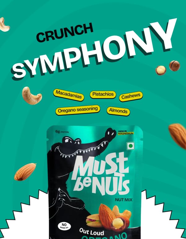 Image of Must Be Nuts Out Loud Oregano Nut Mix | Magnesium Rich | Pack of 5 | Almonds, cashews, macadamias & pistachios with oregano seasoning. No oil, MSG or cholesterol. 6g protein & 90mg magnesium.