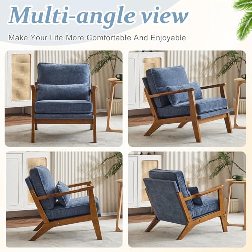 VINGLI Solid Wood Wide Armrests Accent Chair,Upholstered Mid Century Modern Chair with Pillow,Comfy Reading Chair Farmhouse Arm Chair,Chairs Living Room,Bedroom,Guest Room,Chenille Fabric,Dark Blue - Image 8