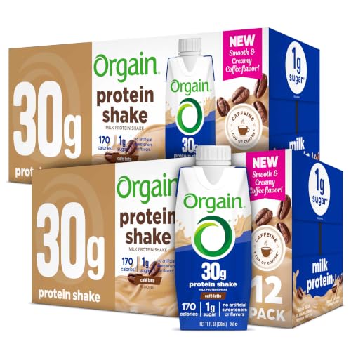 Orgain 30g High Protein Shake,Café Latte,5g BCAAs,1g Sugar Per Serving,Caffeine from 1 Cup of Coffee,Milk Isolate,Meal Replacement,Ready to Drink,Keto Friendly,Gluten-Free 11 Fl Oz,(Pack of 24)