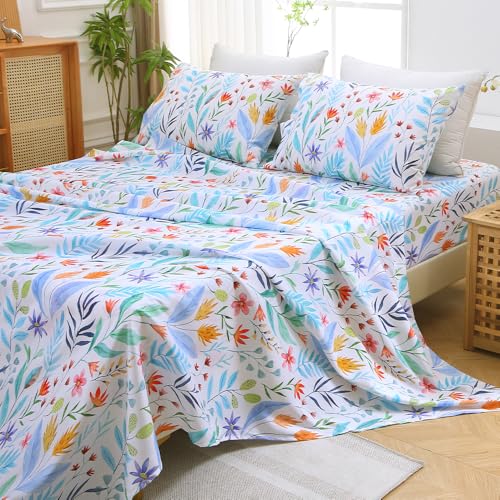 Image of MUXHOMO King Size 4 Piece Sheet Set, Soft & Breathable Sheet for Bedroom with Deep Pocket Up to 16 inch, Wrinkle-Free & Cooling Bed Sheets with Flat Sheet, Fitted Sheet & Pillowcases - Colorful Leaves