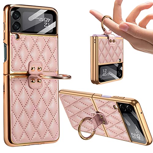 Funda De Piel Z Flip 3 con Anillo, Lujosa Funda De Teléfono con Tacto De Piel De Cordero Romboide Suave con Cubierta De Cámara, Funda Protectora a Prueba De Golpes para Samsung Galaxy Z Flip 3 5G Cover