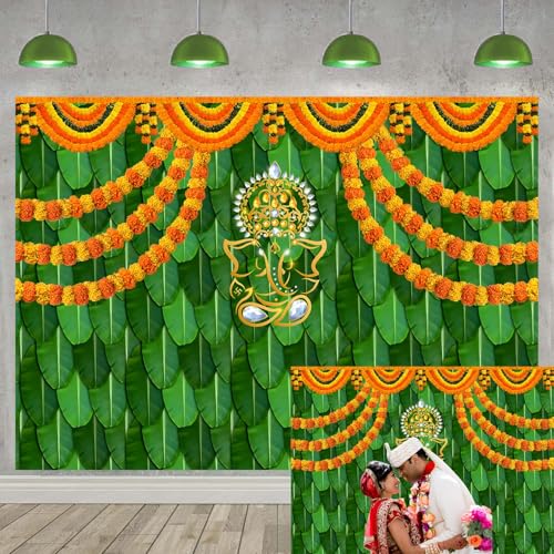 India Pooja - Telón de fondo tradicional para fotografía, 7 x 5 pies, caléndula verde, hoja de plátano, Chatiya Ganesh, fondo tradicional para festivales, Puja Ganpati, decoración de fiesta de boda,