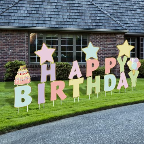 Jetec 18 Pieces Happy Birthday Yard Signs with Stakes 16 Inches Birthday Outdoor Lawn Signs Cake Balloon Patio Decorations Garden Lawn Decorations for Party Outdoor Decor(Pastel Color)