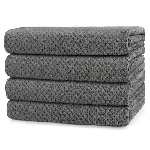 GLIMGLINT 4 Pack Kids Microfiber Bath Towels Set, 24 x 47 Inches (60 x 120 cm), Lint Free, Super Soft and Absorbent, Quick Drying Waffle Towels for Bathroom, Grey