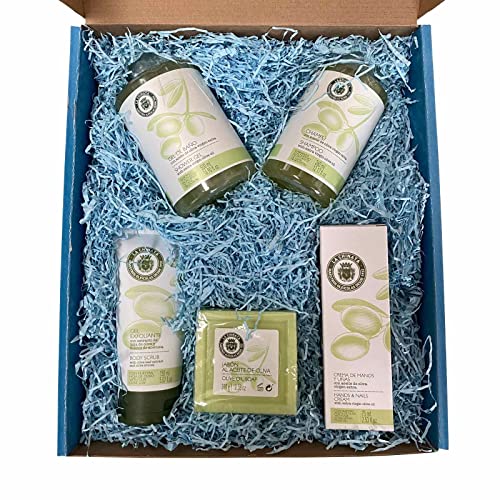 Regalos originales para mujeres. Lote de cosmética La Chinata con champú, Gel, Gel Exfoliante, Crema de Manos y uñas y Pastilla de jabón para Regalar en cumpleaños o dia de las madres.