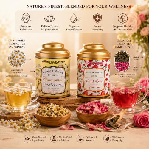 Image of Sancha Tea Boutique, Combo Pack: Chamomile Herbal (50g), Caffeine Free Herbal Tisane & Wild Rose Green Tea (100g), Real Rose Flower & Chamomile Flower Blend