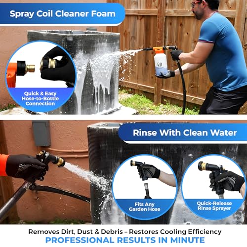 AC Coil Cleaner Cannon Sprayer - Automatic Mixing Foam Gun for HVAC Coil Cleaner - Air Conditioner Coil Cleaner for AC Unit, Evaporator & Condenser Coils - 2-Quart Bottle with Dilution Ratios + Gloves