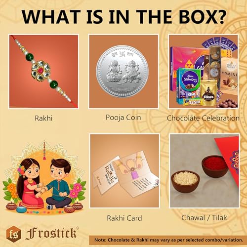 Image of Frostick Designer Rakhi With Chocolate Gift For Bhaiya /Bhai /Brother With Greeting Card, Tilak Chawal And Silver Coin (Small Cadbury Celebration, Pack Of 1) (Random Design Rakhi, 130 Gm)