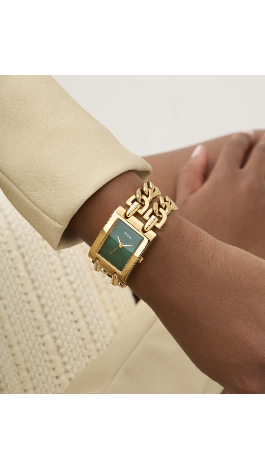 Guess GT MOD Heavy Metal Damen Armbanduhr, Edelstahl, 28 mm, Edelstahlarmband, Farbe: Gold, 3 bar, Zifferblatt: Grün, GW0740L2