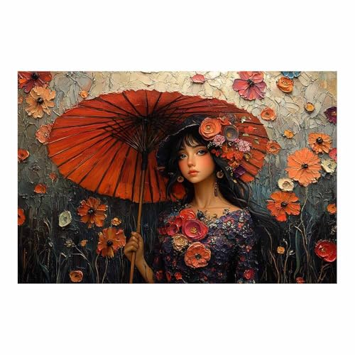 Femme avec parapluie rouge peinture fleurie pour mur de salon chic