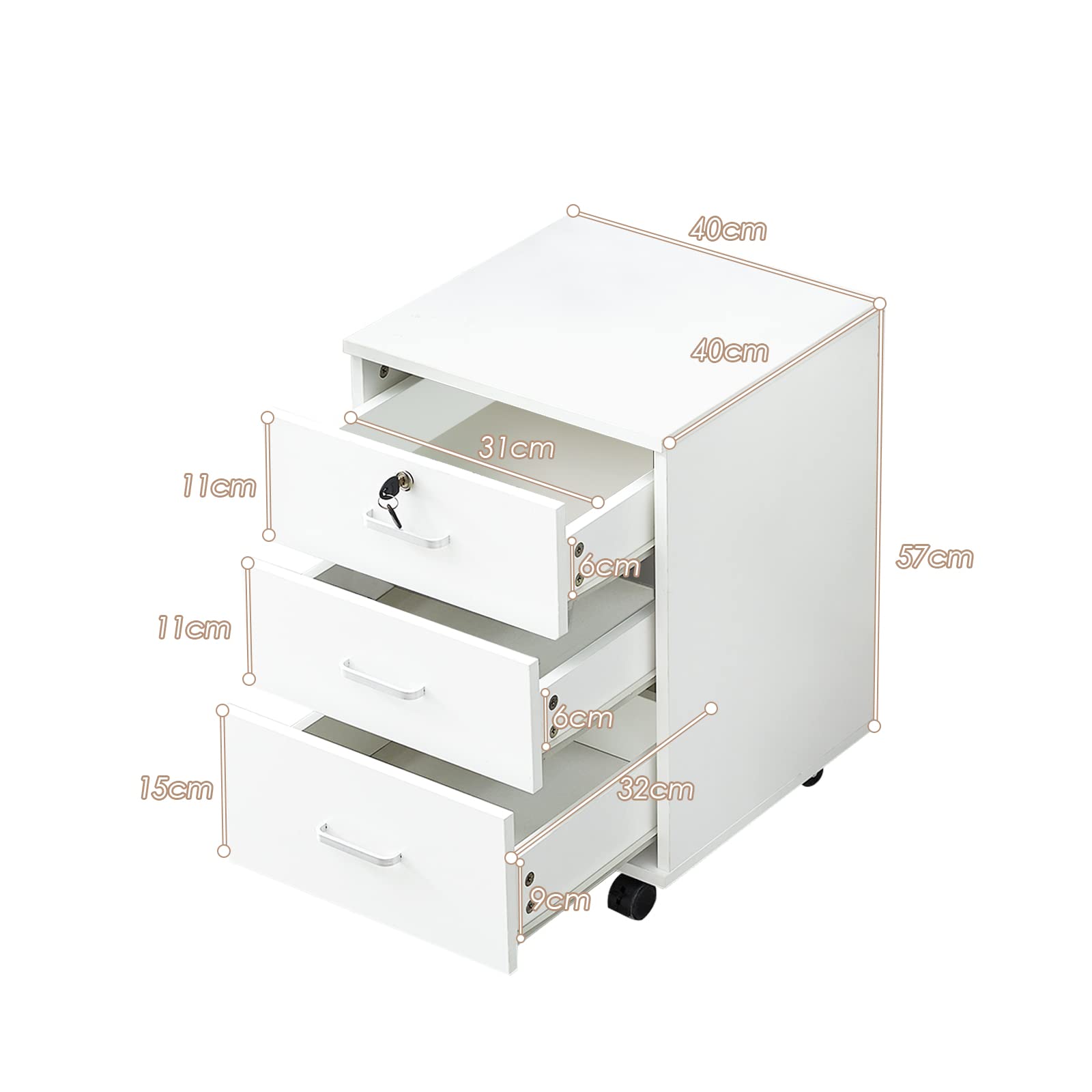 LEMROE Armadietto mobile a 3 cassetti con serratura e ruote in legno stile industriale per ufficio domestico (bianco, 3 cassetti)