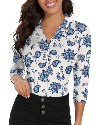 Image of Soneven Womens Golf Polo Shirts 3 /4 Long Sleeve V Neck Button Down Shirts Business Causal Work Blouses Tops