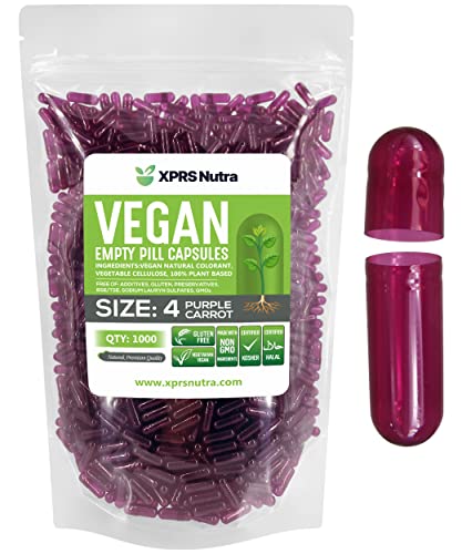 Image of XPRS Nutra Size 4 Empty Capsules - 1000 Count Small Empty Vegan Capsules - Vegetarian Pills - DIY Vegetable Capsule Filling - Fillable Do-It-Yourself Veggie Caps for Supplements (Purple Carrot)